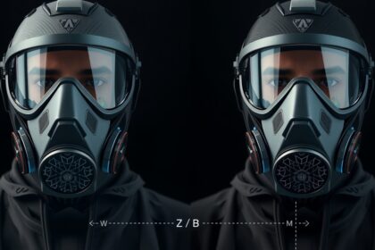 Modern védőmaszk viselője, FFP osztályok jelölésével.