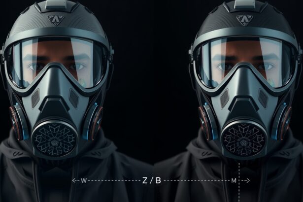 Modern védőmaszk viselője, FFP osztályok jelölésével.