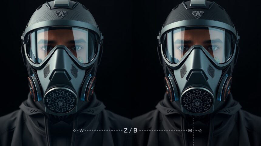 Modern védőmaszk viselője, FFP osztályok jelölésével.