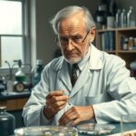 Sir Alexander Fleming laboratóriumban, a penicillin felfedezésén dolgozik.