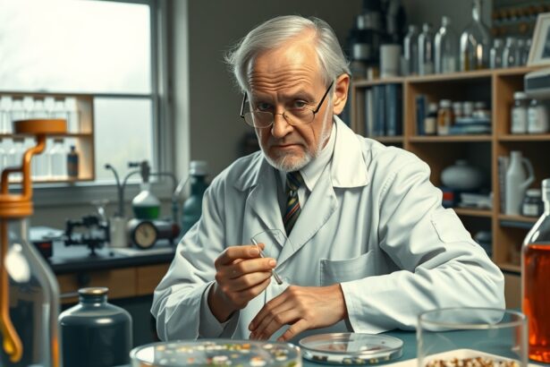 Sir Alexander Fleming laboratóriumban, a penicillin felfedezésén dolgozik.