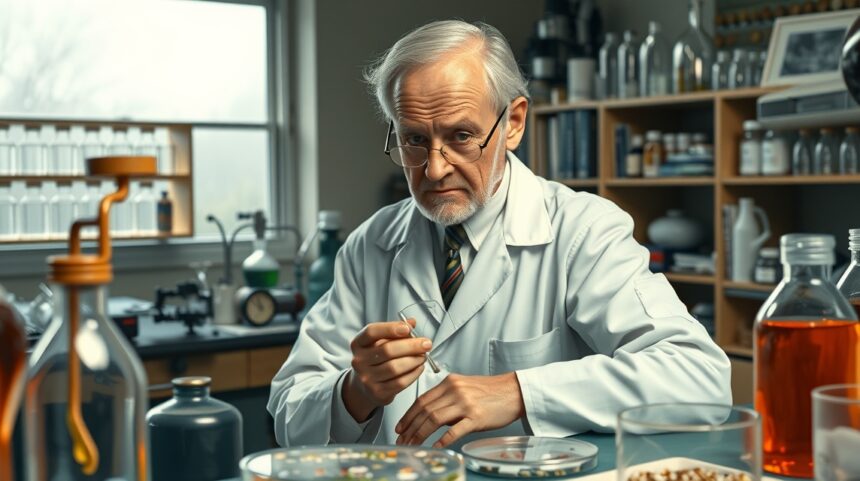 Sir Alexander Fleming laboratóriumban, a penicillin felfedezésén dolgozik.