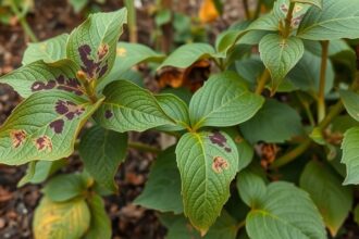 Fekete rothadásos levelek, gombás betegség jelei a növényen.