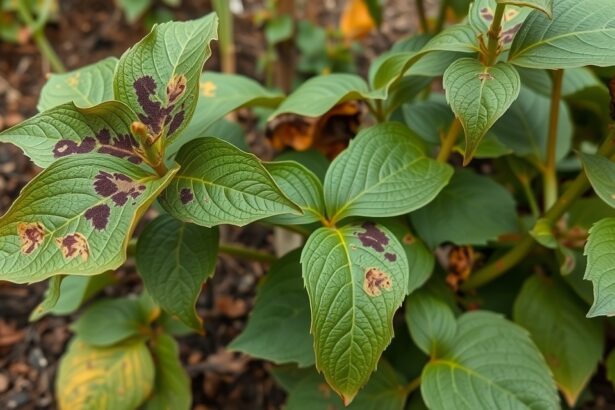 Fekete rothadásos levelek, gombás betegség jelei a növényen.