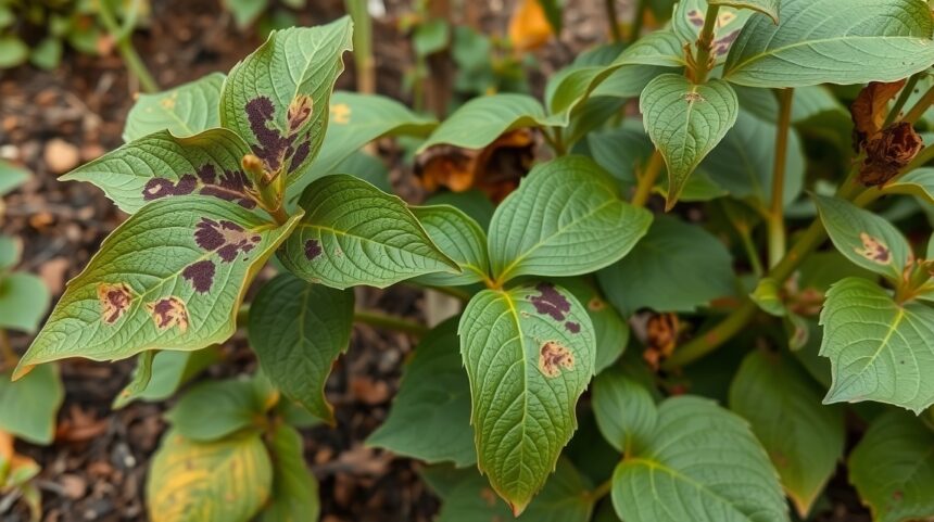 Fekete rothadásos levelek, gombás betegség jelei a növényen.