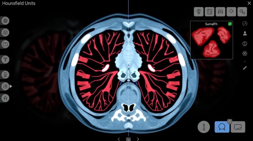 CT-vizsgálat Hounsfield-egységekkel, a szövetek azonosításához.