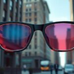 Fényre sötétedő lencsék városi környezetben, modern szemüveg