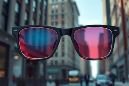 Fényre sötétedő lencsék városi környezetben, modern szemüveg
