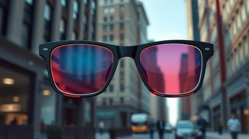 Fényre sötétedő lencsék városi környezetben, modern szemüveg