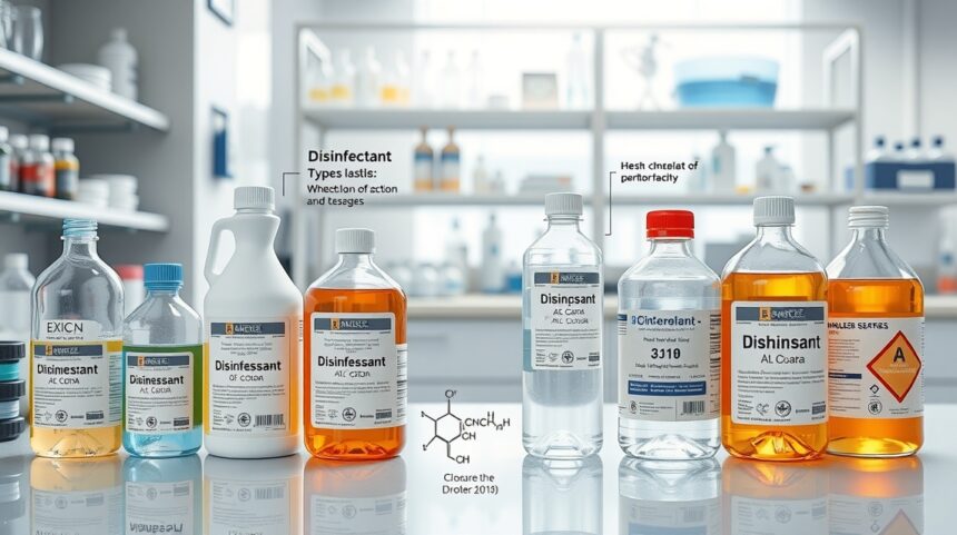 Fertőtlenítőszerek különböző típusai és alkalmazásuk ábrázolása