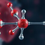 A Kardiazol molekula 3D ábrázolása vörös és ezüst atomokkal.