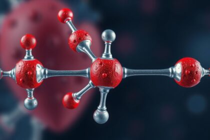 A Kardiazol molekula 3D ábrázolása vörös és ezüst atomokkal.