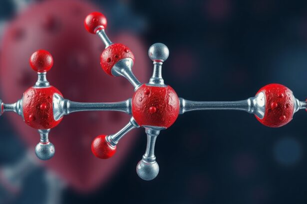 A Kardiazol molekula 3D ábrázolása vörös és ezüst atomokkal.