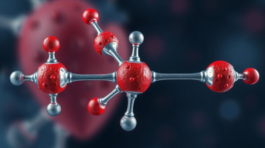 A Kardiazol molekula 3D ábrázolása vörös és ezüst atomokkal.