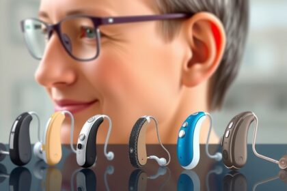 Különböző hallásjavító készülékek modern változatai egy asztalon.