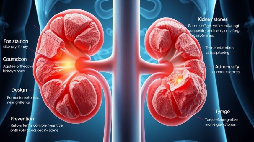 Húgykő kép, amely bemutatja a vese felépítését és a húgykövek kialakulását.