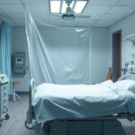 Kórházi szoba izolációs lepedővel és orvosi berendezésekkel.