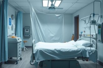 Kórházi szoba izolációs lepedővel és orvosi berendezésekkel.