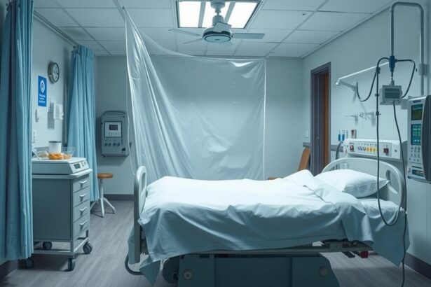 Kórházi szoba izolációs lepedővel és orvosi berendezésekkel.