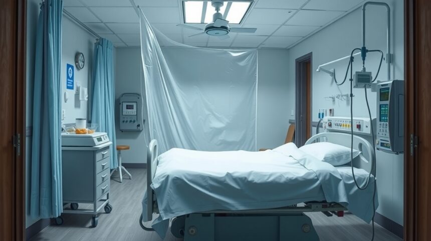 Kórházi szoba izolációs lepedővel és orvosi berendezésekkel.