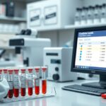 Kreatinin szint laboratóriumi vizsgálat monitorral és vérmintákkal.