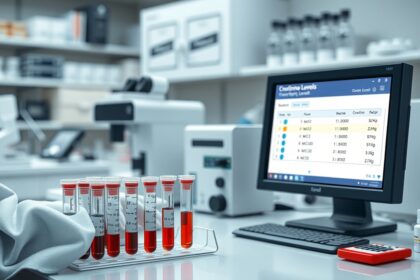 Kreatinin szint laboratóriumi vizsgálat monitorral és vérmintákkal.