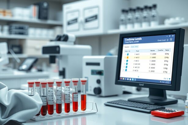 Kreatinin szint laboratóriumi vizsgálat monitorral és vérmintákkal.
