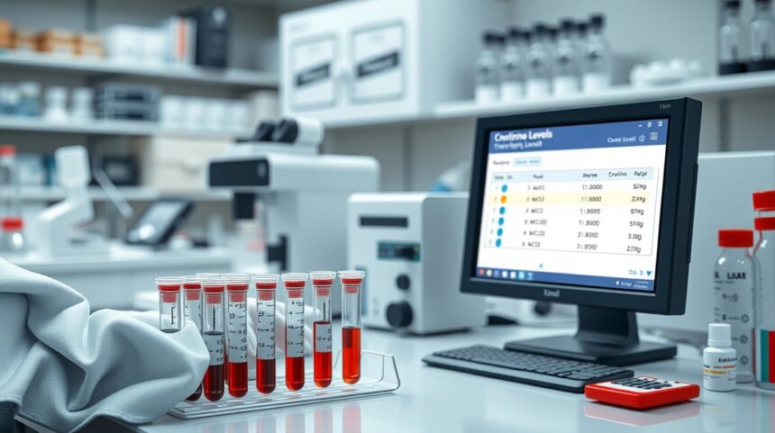 Kreatinin szint laboratóriumi vizsgálat monitorral és vérmintákkal.