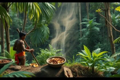 Fiú a dzsungelben kuráre összetevőit gyűjtve