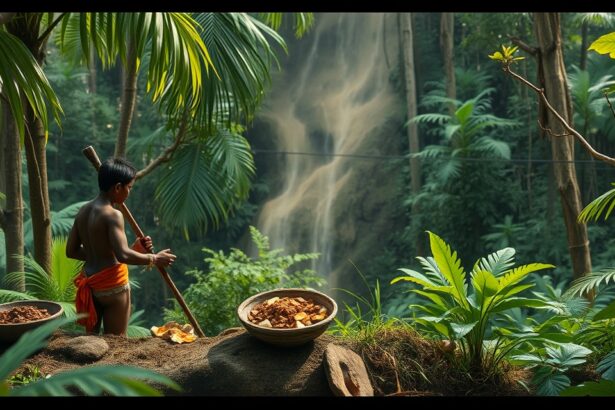 Fiú a dzsungelben kuráre összetevőit gyűjtve