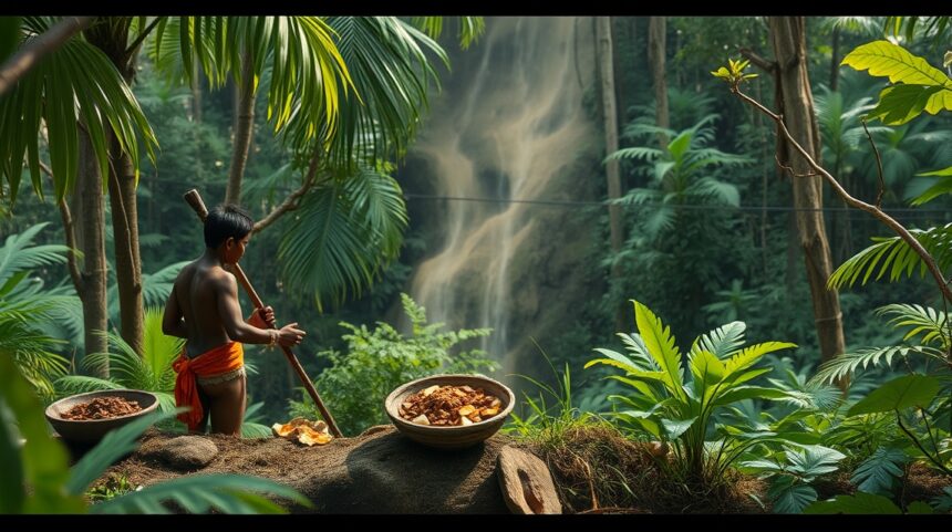 Fiú a dzsungelben kuráre összetevőit gyűjtve