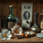 Laudanum üvegek és gyógynövények egy vintage gyógyszerészeti asztalon.