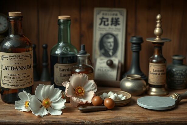 Laudanum üvegek és gyógynövények egy vintage gyógyszerészeti asztalon.