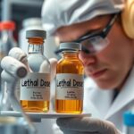 Két üveg halálos dózist tartó tudós laboratóriumban.