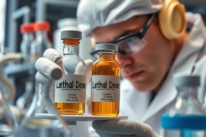 Két üveg halálos dózist tartó tudós laboratóriumban.