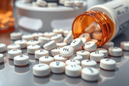 Lítium-karbonát tabletták és gyógyszeres üveg asztalon