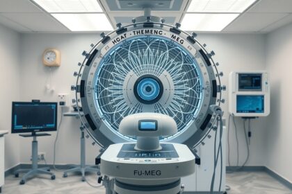 MEG készülék az agyi tevékenység mérésére a neurodiagnosztikában.