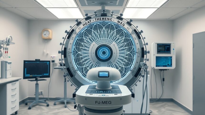 MEG készülék az agyi tevékenység mérésére a neurodiagnosztikában.