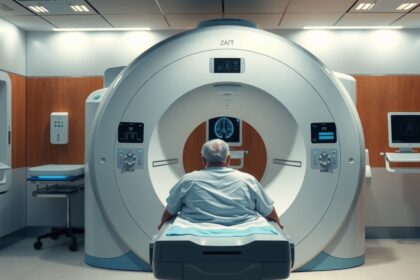 Egy beteg MRI gép előtt ülve készül a mágneses rezonanciás képalkotásra.