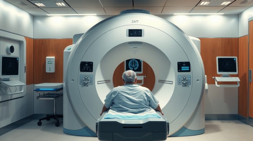 Egy beteg MRI gép előtt ülve készül a mágneses rezonanciás képalkotásra.