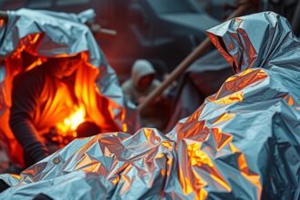 Mentőfólia használata vészhelyzetben hővédő fóliával.