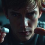 Ifjú férfi morfium tablettát tart a kezében, gondolkodó arccal.