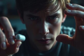 Ifjú férfi morfium tablettát tart a kezében, gondolkodó arccal.