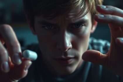 Ifjú férfi morfium tablettát tart a kezében, gondolkodó arccal.