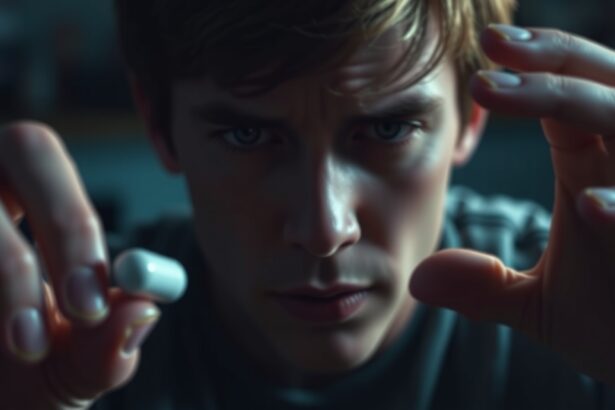 Ifjú férfi morfium tablettát tart a kezében, gondolkodó arccal.