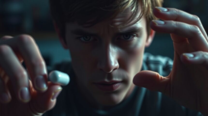 Ifjú férfi morfium tablettát tart a kezében, gondolkodó arccal.