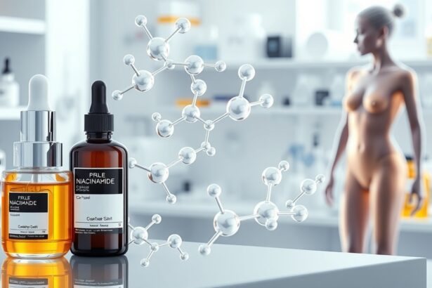 Niacinamid bőrápoló szérumok és molekulák háttérben.