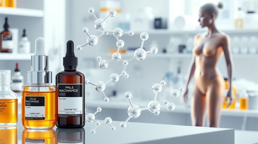 Niacinamid bőrápoló szérumok és molekulák háttérben.