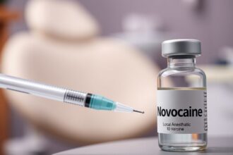 Novokain injekciós üveg és tű, helyi érzéstelenítéshez