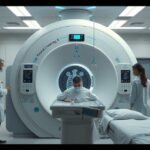 MRI vizsgálat közben egy kórházban, orvosok és páciens jelenlétében.